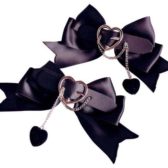 Gothic Lolita Hair Bows Set Black Chic Hairclips with Heart Charm for Women - Picture 1 of 4